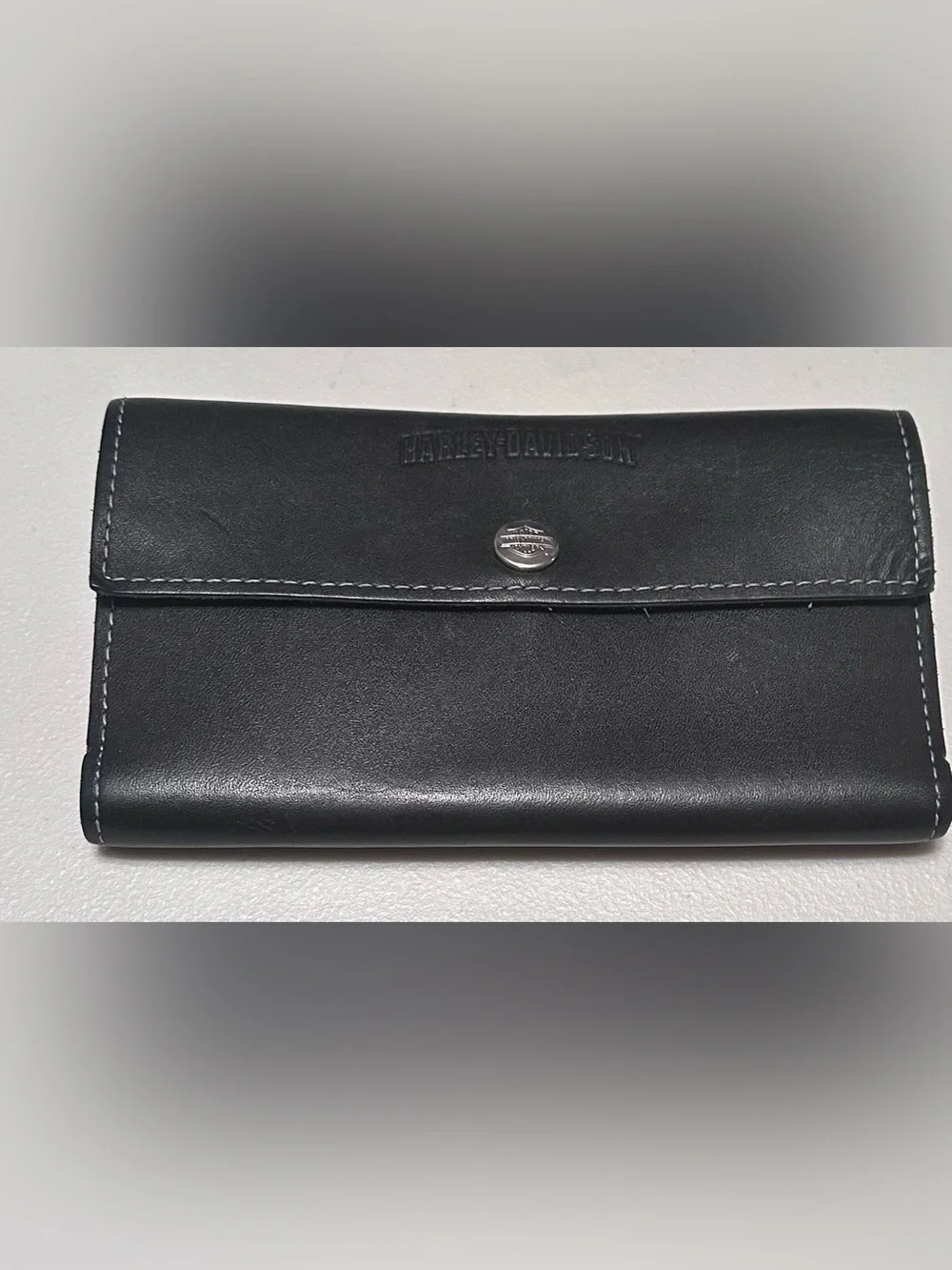 Harley-Davidson Black Leather Tri-Fold Wallet with Metal Logo Snap